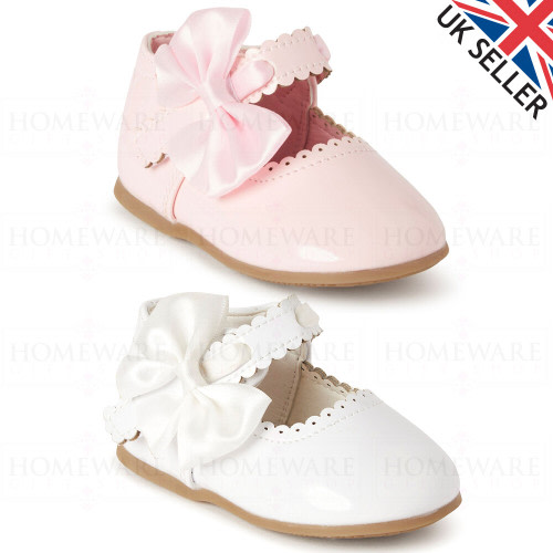 SPANISH BOW SHOES BABY GIRLS MARY JANE PATENT SHOES SCALLOPED WHITE PINK UK3 UK8