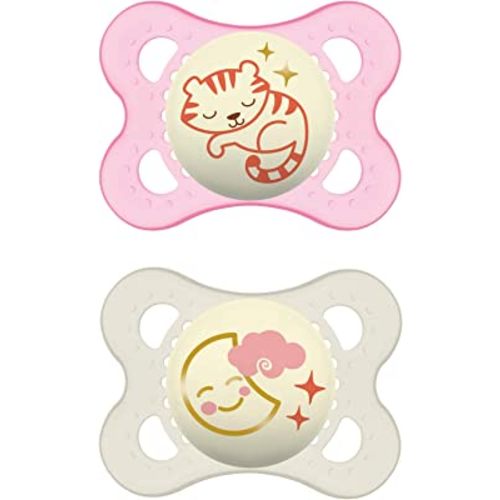 MAM Night Pacifiers (2 Pack, 1 Sterilizing Pacifier Case), MAM Pacifiers 0-6 Months, Best Pacifier for Breastfed Babies, Glow in the Dark Pacifier, Baby Girl Pacifier
