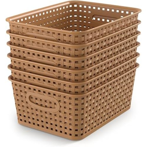 WYT 6-Pack Plastic Small Shelf Storage Weave Baskets Organizing for Cabinets and Pantries, Light Brown