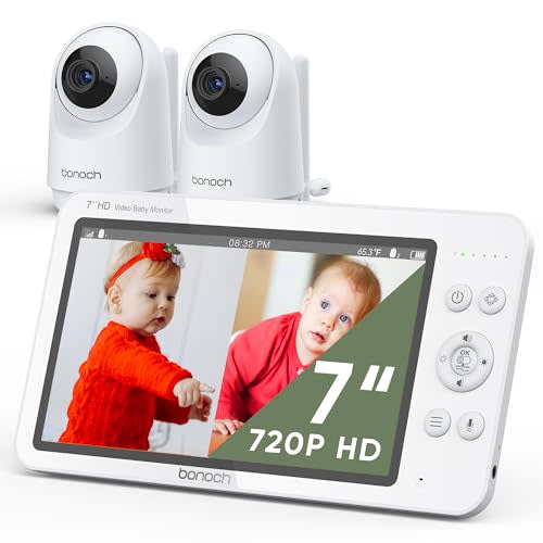 bonoch MegaView Baby Monitor with 2 Cameras, 7" 720P HD Split Screen Baby Monitor No WiFi, Video Monitor with Camera and Audio, 6000mAh, VOX Mode, 2 Way Audio, Remote PTZ, Night Vision