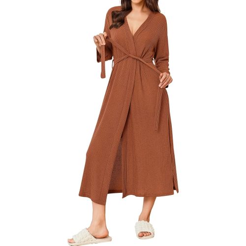 Ekouaer Women's Robe Long Waffle Knit Bathrobe Lightweight Soft Kimono Robes Loungewear M / Caramel Colour