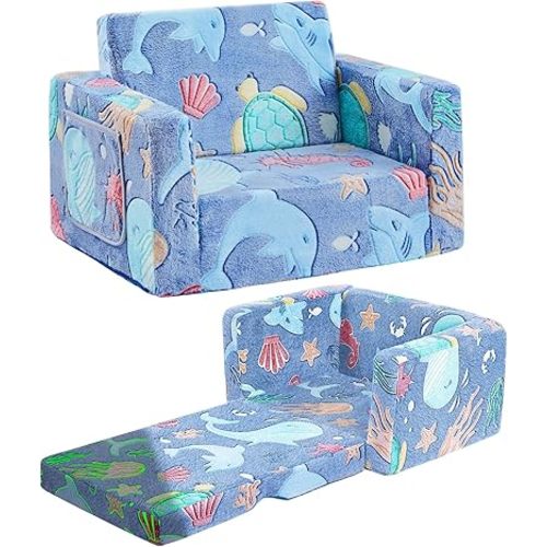 Toddler Chair Comfy,2-in-1 Soft Toddler Couch Fold Out for Kids,Convertible Sofa to Lounger,Gift for Girls and Boys Birthday,Ocean