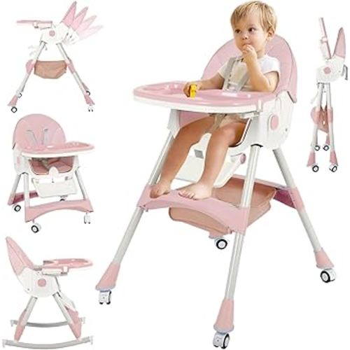 6 in 1 Baby High Chair,Portable High Chairs for Babies and Toddlers,Multifunctional Folding Adjustable Height Highchair with Wheels and Footrest