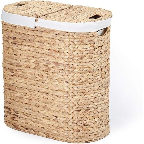 Seville Classics Premium Natural Handwoven Portable Laundry Bin Basket with Carrying Handles, Household Storage for Clothes, Linens, Sheets, Toys, Water Hyacinth, Oval Hamper