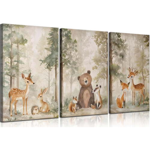3Pcs Woodland Animal Nursery Canvas wall art Wild Animals Forest Paintings Pictures Wall Fox Bear Deer Watercolor Poster Printing Artwork for Boys Room Girls Room Home Decoration