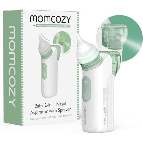 Momcozy 2-in-1 Baby Nasal Aspirator with Nasal Spray, Electric Nasal Aspirator for Baby, Battery Powered Nose Aspirator for Newborn and Toddler, 2 Tips Replacements