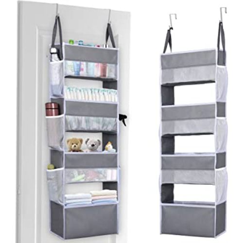 ULG Over Door Organizer with 4 Large Pockets 6 Mesh Side Pockets, 33 lbs Weight Capacity Hanging Storage Organizer with Clear Window for Bedroom Nursery, Baby Kids Toys, Diapers, Light Grey (1 Pack)