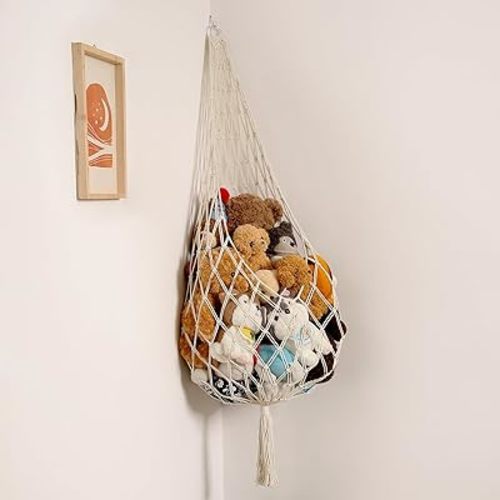 Stuffed Animal Storage Organizers Corner Hanging Net Stuffy Animal Hammock Macrame Toy Display Plush Toy Holder Wall, Kid Bedroom Decor Boho Nursery Playroom Organizer (Cream)