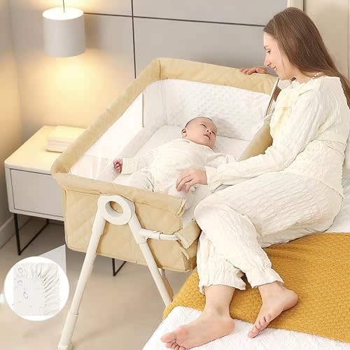 Baby Bassinet, Bassinet Bedside Sleeper with Waterproof Crib Sheet, Carry Bag and Mattress, Adjustable Height Bedside Bassinets with Wheels, Bassinet for Newborn, Donpemu, Khaki