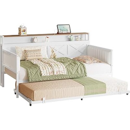 IRONCK Daybed with Trundle, Sturdy Metal Twin Bed Frame with X-Shaped Frame, Upholstered Farmhouse Daybed with Charging Station for Living Room, Bedroom, and Guest Room, White/Walnut