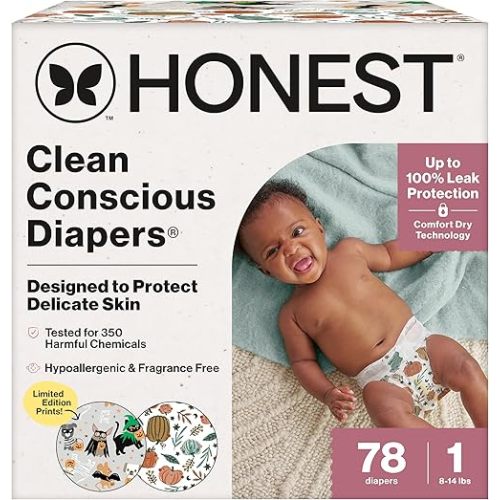 The Honest Company Clean Conscious Diapers for Delicate Skin | Up to 100% Leakproof | Hypoallergenic, Fragrance Free | Fall '25 Limited Edition Prints | Club Box, Size 1 (8-14 lbs), 78 Count