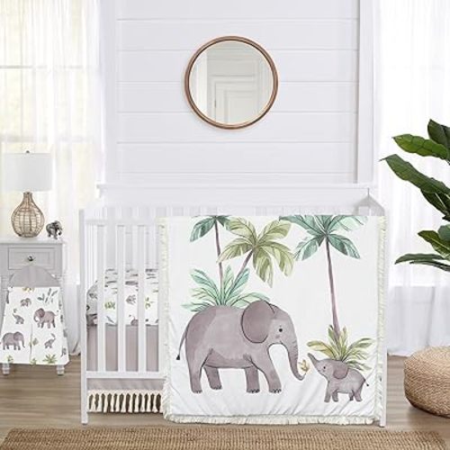 Sweet Jojo Designs Watercolor Elephants Boy Girl Gender Neutral Baby Crib Bedding Set Nursery Room Blanket Fitted Sheet Skirt Diaper Stacker 4p Green Grey Jungle Safari Palm Trees Nature Fringe Tassel