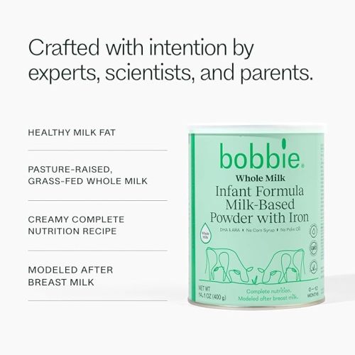 Bobbie Whole Milk, Grass Fed Infant Formula with Iron, Plant Based DHA and ARA, Vitamin D and Protein Blend Modeled After Breast Milk, For Newborn Baby to 12 Month Old, 14.1 oz, 3 Pack