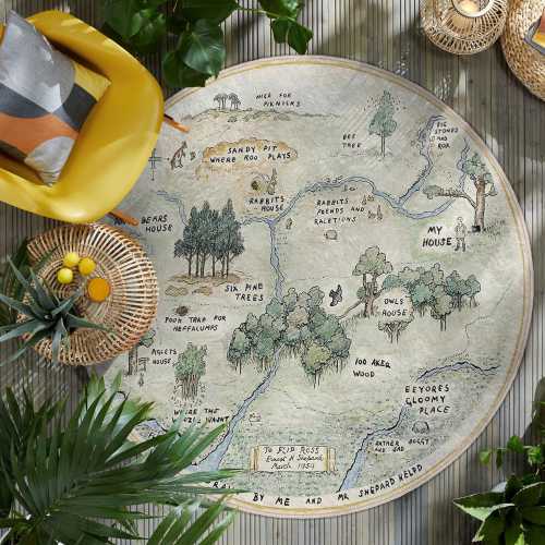 Winnie Forest Map Round Rug - Pooh 100 Acre Map Round Carpet-Woodland Forest Map Kids Play Mat-Rabbit Bear on Forest Storybook Circle Carpet
