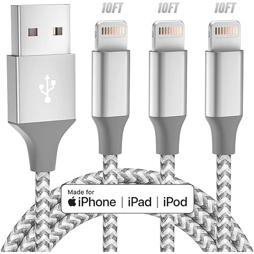 iPhone Charger 3pack 10FT Apple MFi Certified Long Lightning Cable Fast Charging High Speed Data Sync USB Cable Compatible iPhone 14 13/12/11 Pro Max/XS MAX/XR/XS/X/8/7/Plus/6S (Grey White)