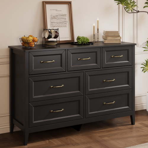 Multifunctional 7-Drawer Chest, 47-inch White Dresser & TV Stand for Bedroom & Living Room, Black with Metal Handles