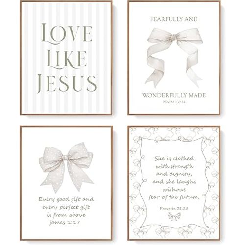LARTSFRO Coquette Beige Bow Jesus Wall Art Decor Posters, Beige Bow Christian Room Bedroom Bathroom Wall Art Decor Aesthetic for Teen Girls Gifts, Inspirational Bible Verses Bow Wall Decor, 10x8 Inch Set of 4 Bow Pictures (UNFRAMED)