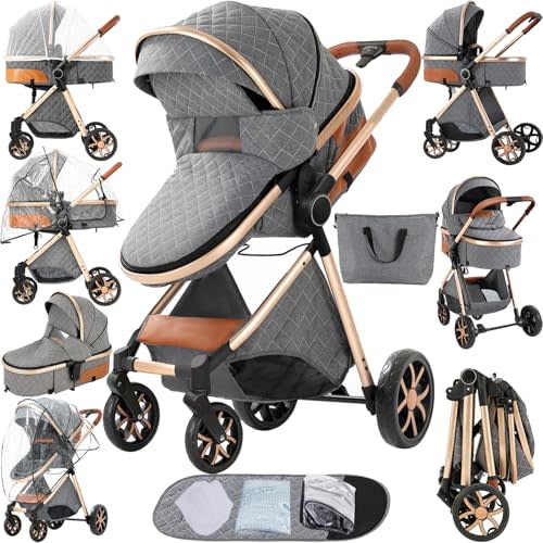 MoLi 2 in 1 Baby Bassinet Stroller, Convertible Foldable Standard Stroller, Reversible Pushchair Infant Buggy Carriage, Portable High Landscape Pram for Toddler Newborn, Aluminum Alloy (2USV9-GREY)