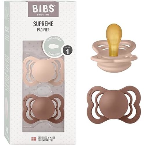 BIBS Pacifiers - Supreme Collection | BPA-Free Baby Pacifier | Made in Denmark | Set of 2 Woodchuck/Blush Color Premium Soothers | Size 0-6 Months