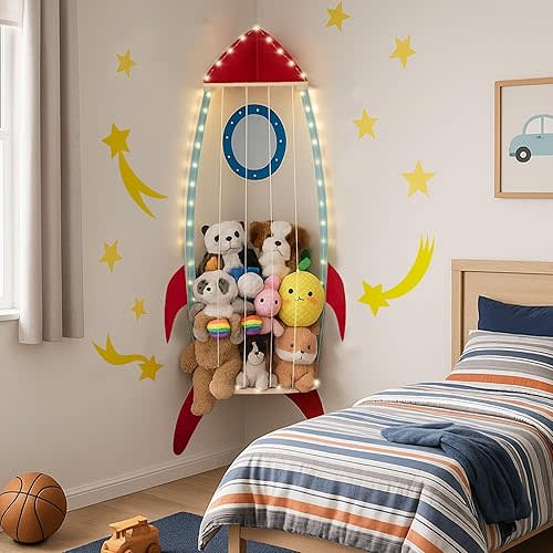 PUTSKA Corner Stuffed Animal Storage Organizer - Stuffed Animal Holder, Stuffy Storage, Space-Saving Plushies and Toy Corner Organizer for Kids Room - Spaceship