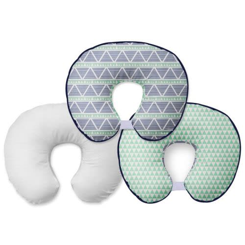 Bacati - 3 Pc Emma Aztec Mint/navy Large Triangles Muslin Hugster Feeding & Infant Support Nursing Pillow With 2 Removable Zippered Covers