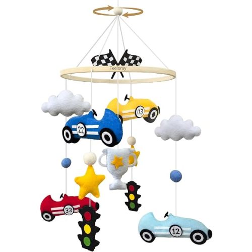 Baby Mobile for Crib Race Car Crib Mobile for Boys Handmade Vintage Racing Car Nursery Decor for Infant Black and White Checkered Racing Flag Bedroom Hanging Decor Baby Shower Newborn Gifts