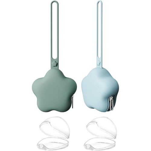 4 Pack Pacifier Holder Case,2pcs Silicone Portable Pacifier Pouch and 2pcs Transparent Nipple Holder Case Container, On-The-GO Pacifier Storage Container Box,BPA Free, Easy to Clean（Green+Blue）