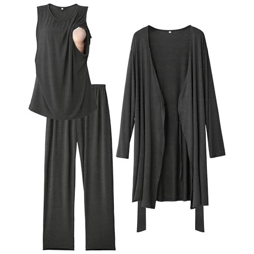 Rnxrbb Nursing Pajamas Robe Set for Women Breastfeeding Postpartum Pajama Gown for Hospital Maternity Pj 3 PCS