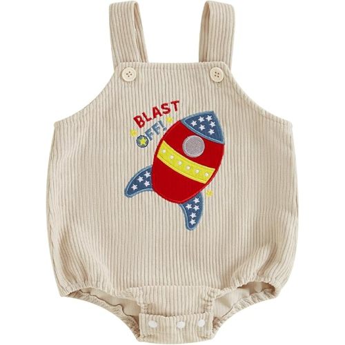 Baby Rocket Clothes Rocket Embroidery Romper Sleeveless Corduroy Overalls Infant Space Outfit Baby Astronaut Gift (Apricot, 6-12 Months)