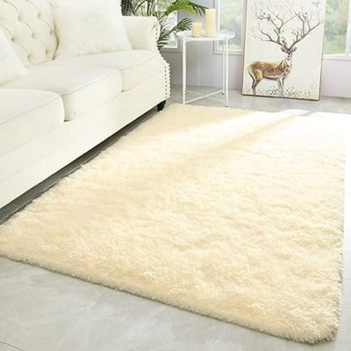 Merelax Modern Soft Fluffy Large Shaggy Rug for Bedroom Livingroom Dorm Kids Room Indoor Home Decorative, Non-Slip Plush Furry Fur Area Rugs Comfy Nursery Accent Floor Carpet 4'x6' Light Champagne