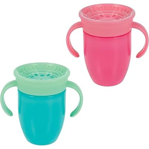 Nuby Wonder Cup with 360 Smart Edge Silicone Rim - Two-Handle Design - (2-Pack) 7 oz - Pink/Aqua