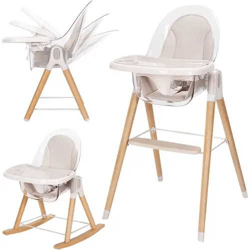 Baby High Chair, 7-in-1 Convertible Wooden Rocking Recline Chair with Adjustable Hardwood Leg for Babies and Toddlers, Double Dishwasher Safe Tray & Premium Leatherette
