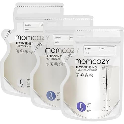 Momcozy Breastmilk Storage Bag, 8Oz, Temp-Sensing Color Change, 120 Count Milk Storage Bags Breastmilk with Pour Spout, Milk Bag with Self Standing for Breastfeeding, No Leak Presterilized for Freezer
