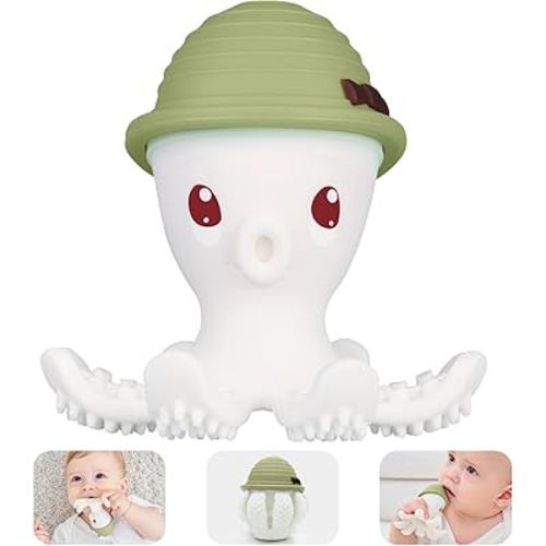 Mombella Octopus Teether for Babies 3 Months Up, Soft Silicone Infant Teething Toy, Functional Baby Chew to Soothe Sore Gums, BPA Free, Grass Green