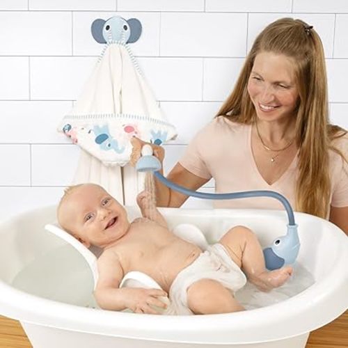 Yookidoo Baby Bath Elephant Shower Head Gift Set - Includes Hooded Towel & Hanger - Control Water from 2 Elephant Trunk Knobs for Max Fun in Tub or Sink Newborns, Toddlers, Boys, Girls (Cloudy Blue)