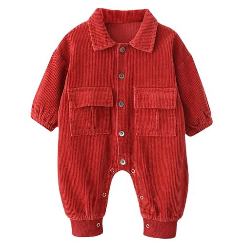 Happy Cherry Newborn Baby Boy Girl Corduroy Long Sleeve Button Down Collared Jumpsuit One Piece Overall Outfit