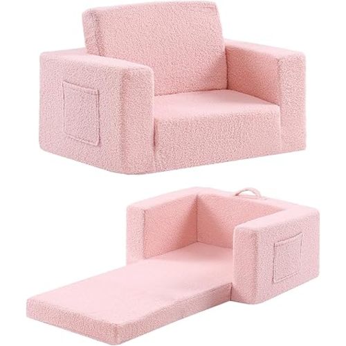 Toddler Chair Sherpa Kids Couch, 2-in-1 Toddler Soft Kids Sofa Toddler Lounger Chair for Bedroom, Convertible Toddler Couch for Girls and Boys, Reading Chair for Kids, Pink