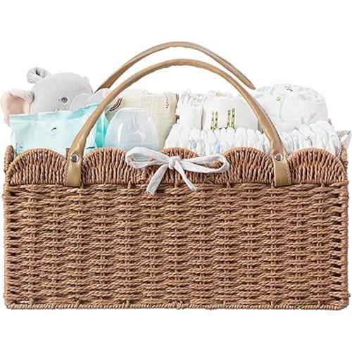 HBlife Large Baby Diaper Caddy, Paper Rope Storage Baskets Nursery Bin with Removable Divider, Portable Car Organizer for Diapers, Baby Shower Gifts, Newborn Essentials Must Haves