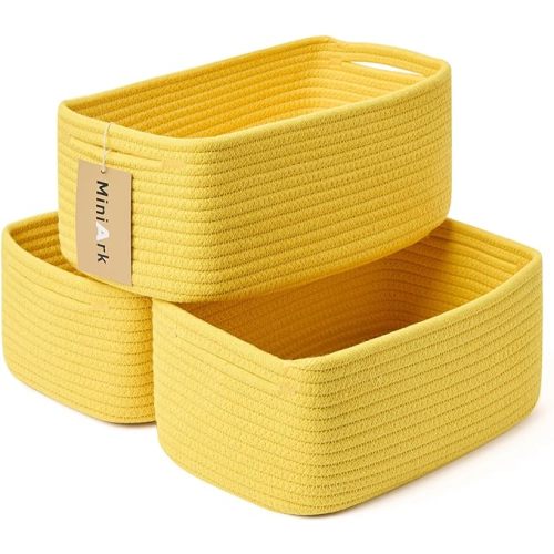 Small Storage Baskets for Organizing | Closet Organizer Bins | Shelf Toy Basket | Woven Rope Baskets | Cube Decorative Box | Shallow Basket | 13x8.5x5.1” | 3 Packs Yellow
