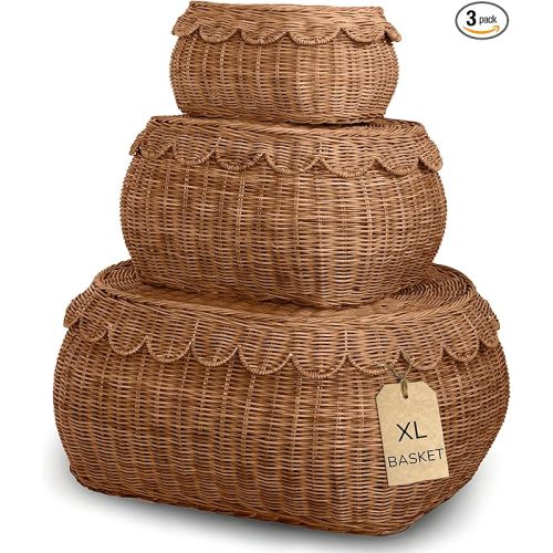 BEBE BASK Large Scalloped Basket Set Of 3 - Hand-Woven & Award-Winning Scallop Basket - XL - Extra Large for Blankets 22 x 16 x 10 In - Elegant Wicker With Scalloped Edge Lid (Mocca)