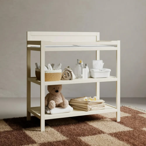 Storkcraft Alpine Changing Table (Frosted Oat) - Includes Water Resistant Changing Pad with Safety Strap, 2 Open Shelves for Storage