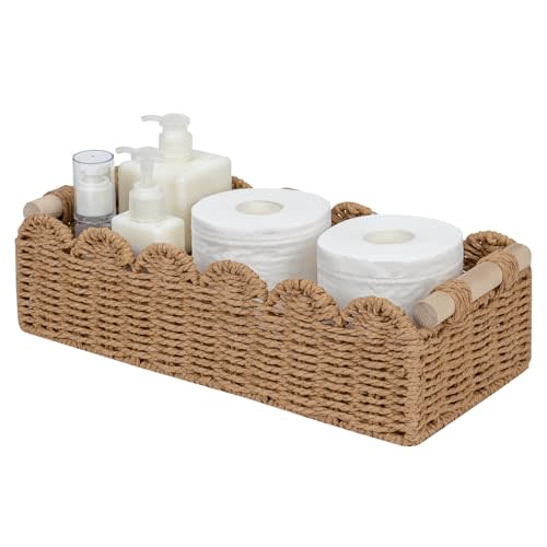 CubesLand Paper Rope Scalloped Edge Toilet Paper Storage Basket, Small Living Room, Bedroom Decor Baskets for Over Toilet Storage Shelf, End Table, Shelves and More, with 2 Wooden Handle, Neutral