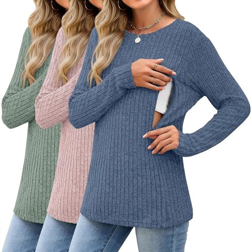 3 Pack Women's Nursing Tops Breastfeeding Shirts Long SleeveThermal Maternity Ribbed Sweaters with Hidden Zipper