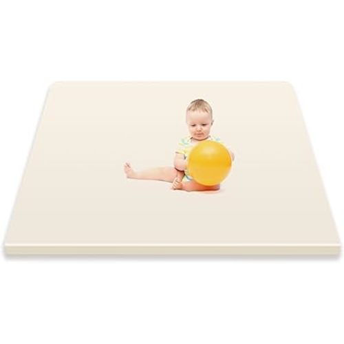 Baby Play Mat for Floor, 47"×47" Playpen Mat, 1.3" Thick Elasti-Foam, Non-Slip Crawling Mat for Tummy Time, Waterproof & Wipe-Clean Playmat for Toddler,Infant, Kids (PU Leather/Beige）