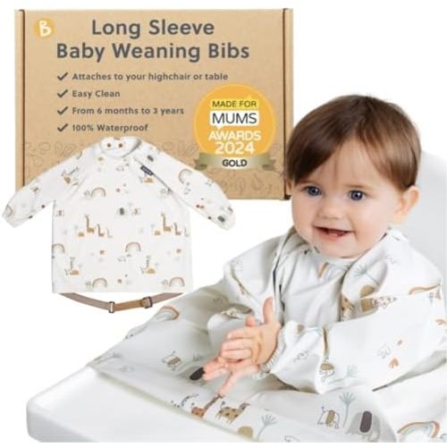 BIBaDO - Long Sleeve Baby Bibs - Babies & Toddlers 6-36 Months - Coverall Baby Led Weaning Bib - Easy Wipe, Soft & Waterproof