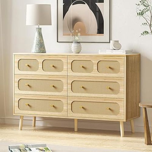 Rattan Dresser for Bedroom, Modern 6 Drawer Double Dresser with Gold Handles, Natural Wood Storage Dressers & Chests of Drawers, 6 Drawer Dressers
