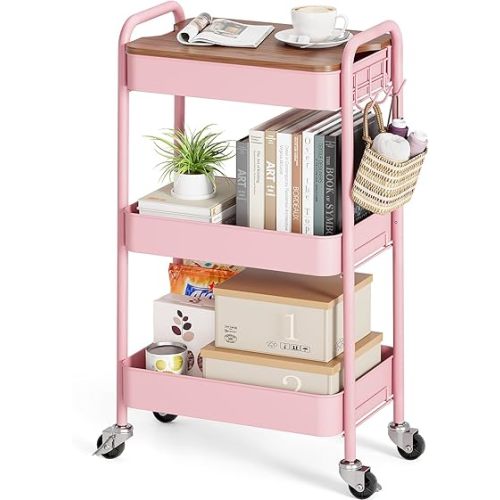 TOOLF 3-Tier Rolling Cart with Table Top, Metal Storage Cart on Wheels, Utility Organizer with Wooden Tray, Lockable Casters, Easy Assembly for Bathroom, Living Room, Office, Bedside, Pink