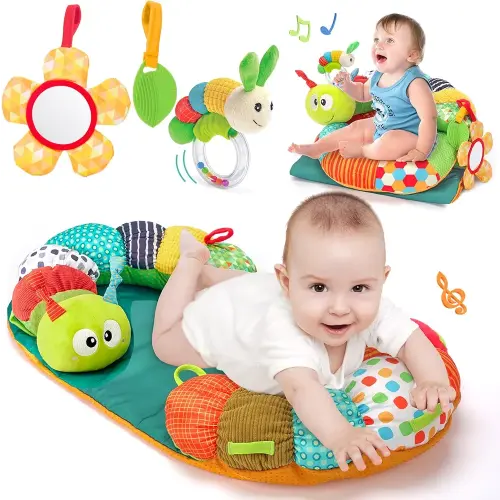hahaland Baby Gifts for 0 3 6 9 12 Months - Tummy Time & Seated Support & Pillow 3 in 1 Caterpillar Mat for Newborn Infant Toddler Detachable Teether Rattle Sensory Play