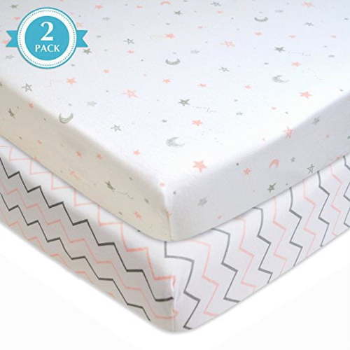 American Baby Company 2 Pack 100% Natural Cotton Fitted Pack and Play Sheets 39" x 27" - Soft & Breathable Pack N Play Sheets for Playard & Mini Crib Mattress, Pink Stars/Zigzag, for Boys & Girls