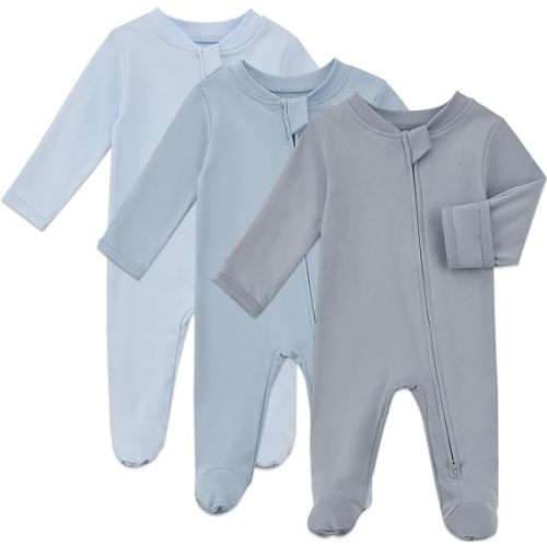 Aablexema Baby Organic Cotton Pajamas 2 Way Zipper Preemie Newborn One Piece Outfit Long Sleeve Footed Sleepwear(Blue Set,Newborn)